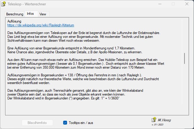 ... Teleskop Rechner Optik / Infos Teleskop Berechnungen optische Infos