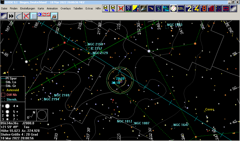 ... Asteroid Nysa nahe Messier 1 Nays Karte